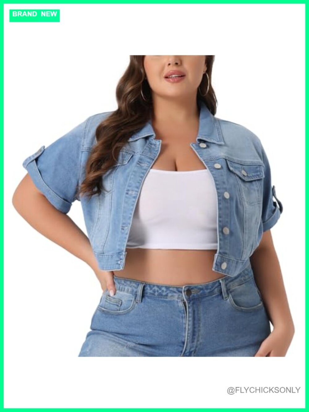 Washed Denim Cropped Jacket Roll Up Sleeve Button Front Jean Cardigan